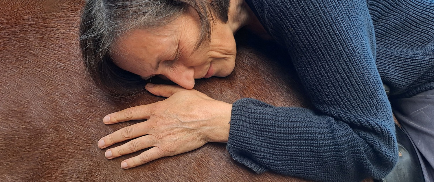 Nahaufnahme einer Frau, die auf dem Pferderücken liegt und das weiche Fell genießt. Link zum Angebot Einzelcoaching